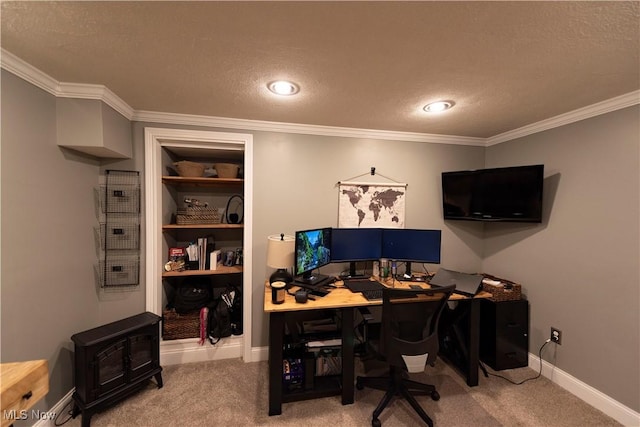 10957 Mogadore Ave NW, Uniontown, OH 44685 - carpeted office with crown molding, a textured ceiling, baseboards, and a wood stove