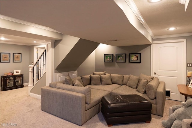10957 Mogadore Ave NW, Uniontown, OH 44685 - living room with carpet, crown molding, stairway, recessed lighting, and baseboards