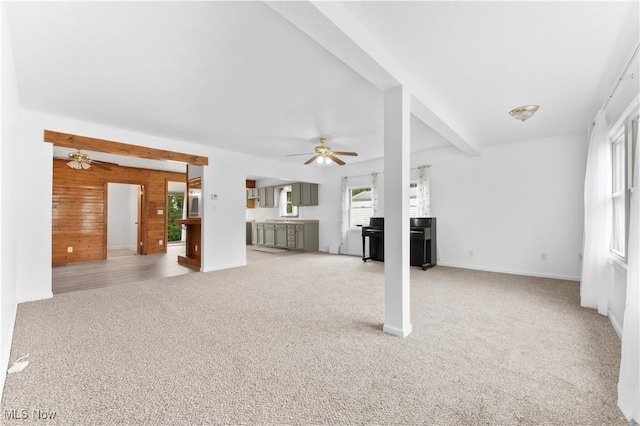 703 Annapolis Ave, Akron, OH 44310 - unfurnished living room with ceiling fan, carpet floors, wood walls, and baseboards