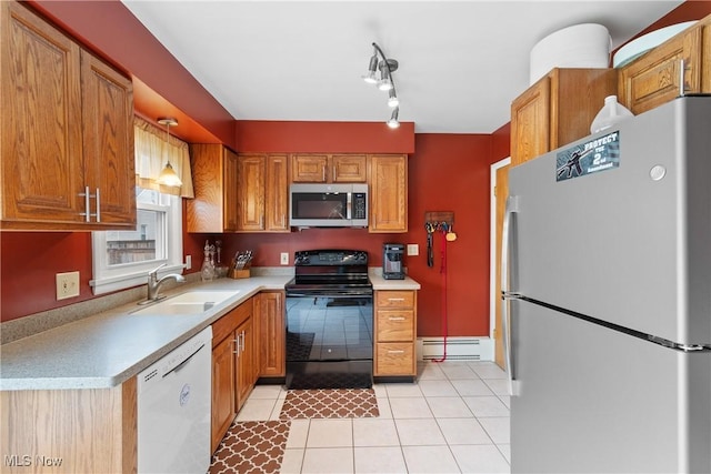 174 Woolf Ave, Akron, OH 44312 - kitchen with freestanding refrigerator, stainless steel microwave, black electric range oven, white dishwasher, and a sink