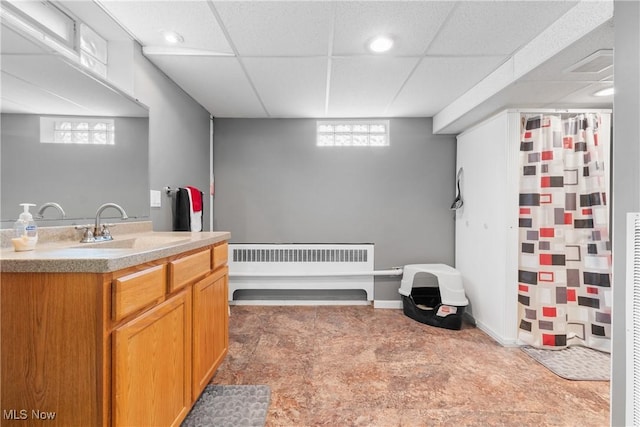 174 Woolf Ave, Akron, OH 44312 - full bath with vanity, radiator heating unit, a drop ceiling, curtained shower, and recessed lighting