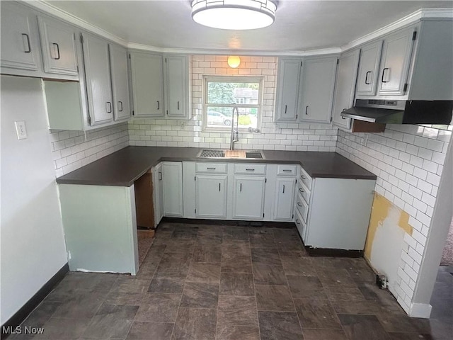 1706 Adams St, Coshocton, OH 43812 - kitchen featuring a sink, under cabinet range hood, dark countertops, baseboards, and decorative backsplash