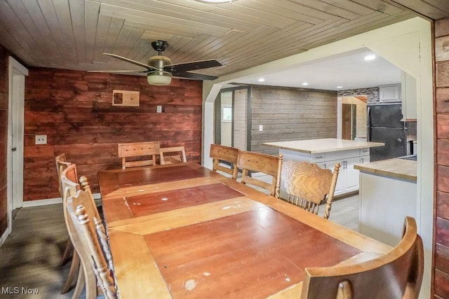 29655 Buck Rd, Salem, OH 44460 - dining room with a ceiling fan, wooden walls, and wooden ceiling