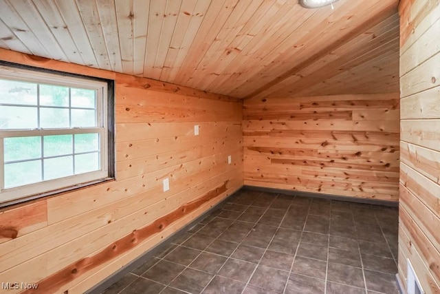29655 Buck Rd, Salem, OH 44460 - empty room featuring vaulted ceiling, wood walls, dark tile patterned flooring, and wood ceiling