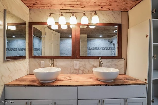 29655 Buck Rd, Salem, OH 44460 - full bath with backsplash, double vanity, and wooden ceiling