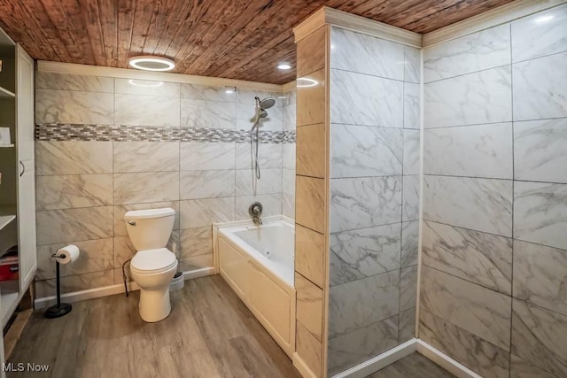29655 Buck Rd, Salem, OH 44460 - full bath featuring wood ceiling, wood finished floors, toilet, tile walls, and bathing tub / shower combination