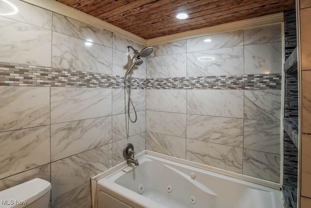29655 Buck Rd, Salem, OH 44460 - full bathroom featuring toilet, a combined bath / shower with jetted tub, wood ceiling, and recessed lighting