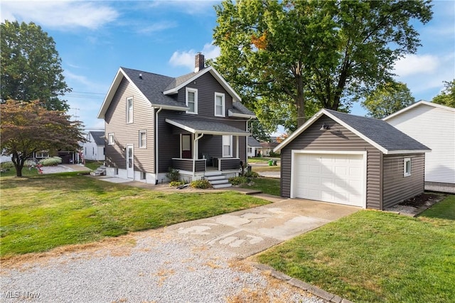 360 Woodside Ave NE, North Canton, OH 44720 - view of front facade featuring a chimney, driveway, a front lawn, a shingled roof, and a detached garage