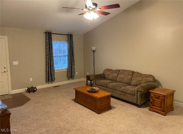 170 Sandy Ct Unit 11, New Middletown, OH 44442 - living area featuring ceiling fan, light carpet, vaulted ceiling, and baseboards