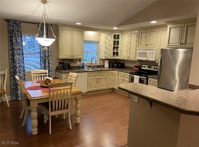 170 Sandy Ct Unit 11, New Middletown, OH 44442 - kitchen featuring stainless steel appliances, a sink, lofted ceiling, recessed lighting, and dark wood-style flooring