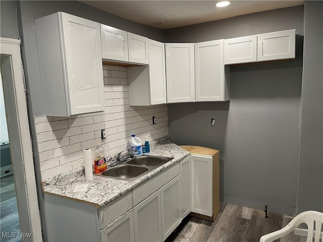 14413 Coit Rd, Cleveland, OH 44110 - kitchen with a sink, dark wood-style floors, light countertops, and decorative backsplash