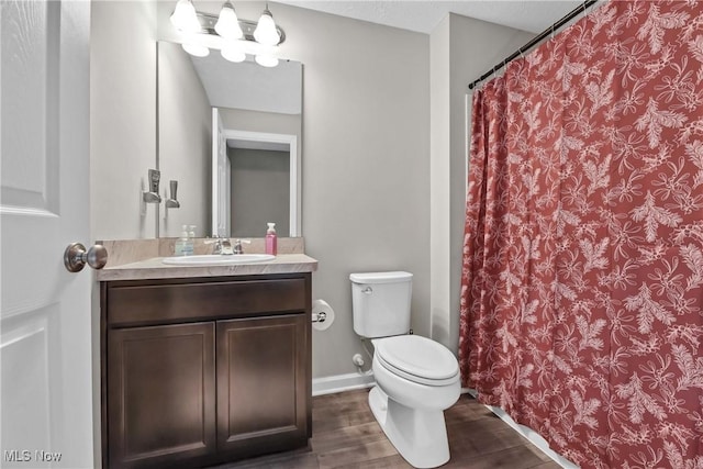 4527 Cupola Dr, Lorain, OH 44053 - bathroom with wood finished floors, vanity, toilet, and a shower with shower curtain