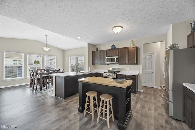 4527 Cupola Dr, Lorain, OH 44053 - kitchen featuring stainless steel appliances, a center island, dark wood-style flooring, healthy amount of natural light, and vaulted ceiling