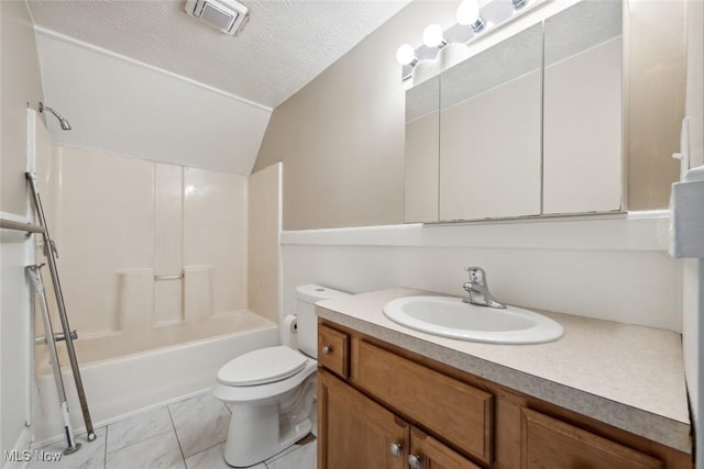 3399 E 65th St, Cleveland, OH 44127 - bathroom with vanity, lofted ceiling, toilet, shower / bathtub combination, and a textured ceiling