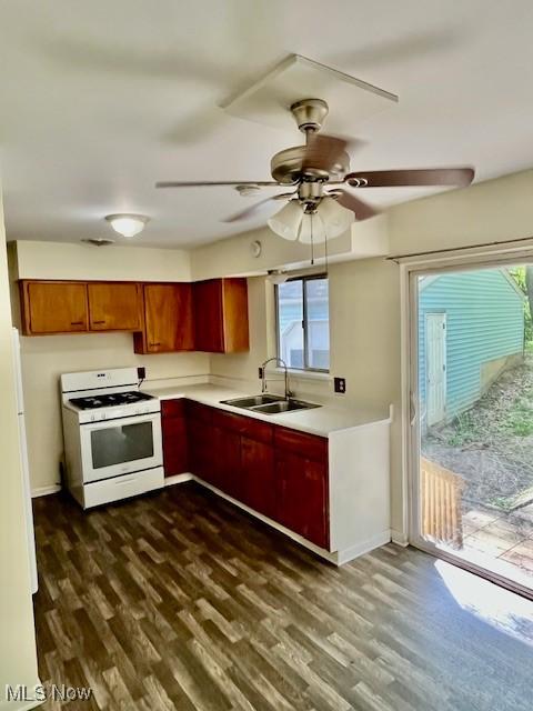 201 Valleyview Dr, Kent, OH 44240 - kitchen featuring a sink, white gas range oven, healthy amount of natural light, and dark wood finished floors