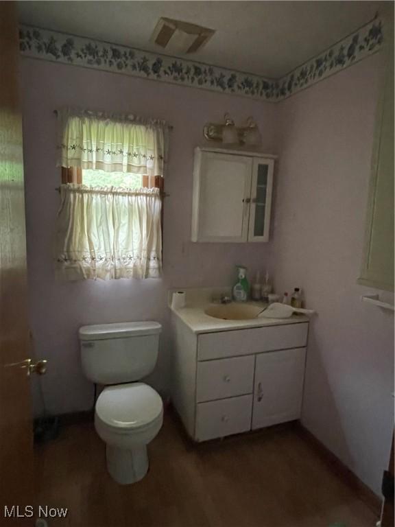 9439 Williams Rd, Diamond, OH 44412 - bathroom with vanity, toilet, plenty of natural light, and wood finished floors