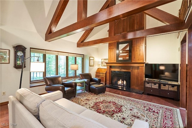 5074 Tall Timbers Dr, Richfield, OH 44286 - living room featuring high vaulted ceiling, dark wood finished floors, a fireplace, beam ceiling, and baseboards