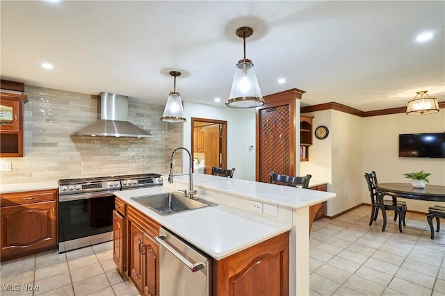5074 Tall Timbers Dr, Richfield, OH 44286 - kitchen featuring wall chimney range hood, appliances with stainless steel finishes, a sink, light tile patterned flooring, and light countertops