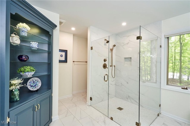 5074 Tall Timbers Dr, Richfield, OH 44286 - bathroom with marble finish floors, baseboards, a marble finish shower, and recessed lighting