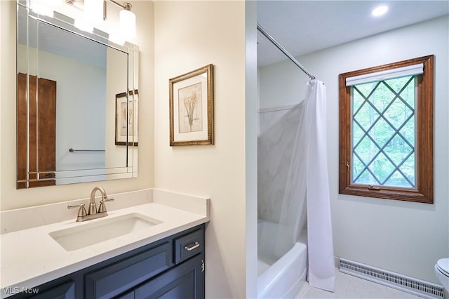 5074 Tall Timbers Dr, Richfield, OH 44286 - bathroom with vanity, toilet, shower / bath combo, a baseboard heating unit, and tile patterned flooring