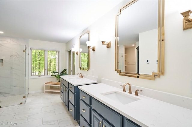 5074 Tall Timbers Dr, Richfield, OH 44286 - bathroom featuring marble look tiles, a marble finish shower, vanity, and a tub to relax in