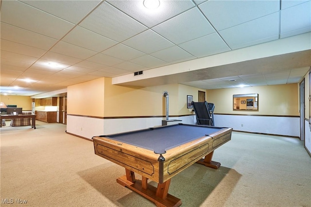 5074 Tall Timbers Dr, Richfield, OH 44286 - recreation room featuring carpet floors, billiards, a drop ceiling, and baseboards