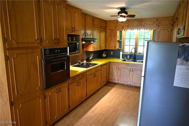 5399 N Elyria Rd, West Salem, OH 44287 - kitchen with stainless steel appliances, a sink, a ceiling fan, light wood-type flooring, and light countertops