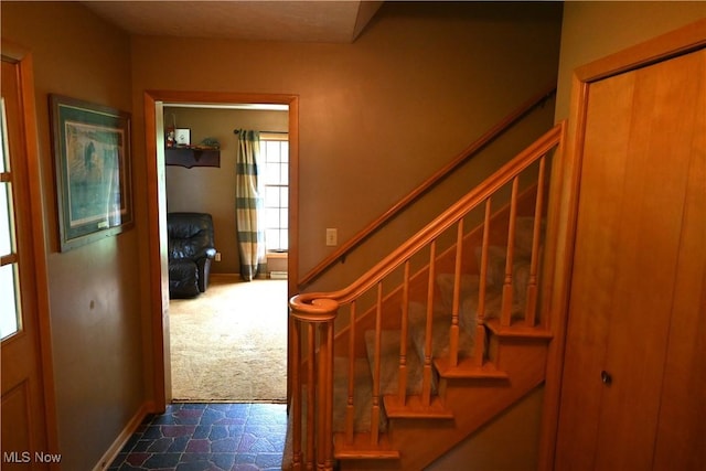 5399 N Elyria Rd, West Salem, OH 44287 - staircase featuring carpet flooring and baseboards