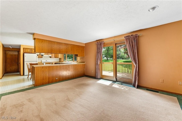 9852 Hocking St NW, Massillon, OH 44646 - kitchen featuring freestanding refrigerator, brown cabinetry, a peninsula, light colored carpet, and a textured ceiling