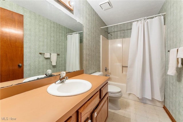 9852 Hocking St NW, Massillon, OH 44646 - full bath featuring vanity, toilet, shower / bath combination with curtain, tile patterned floors, and wallpapered walls
