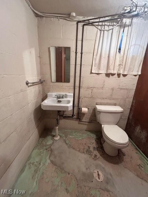1081 Carver Rd, Cleveland Heights, OH 44112 - bathroom with a sink, toilet, concrete block wall, and concrete flooring