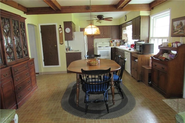 2313 W 13th St, Ashtabula, OH 44004 - dining area featuring brick patterned floors, a ceiling fan, beam ceiling, and baseboards
