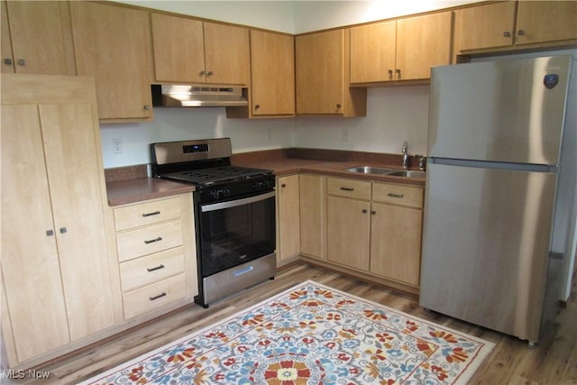 3318 Avon Blvd, Ashtabula, OH 44004 - kitchen with appliances with stainless steel finishes, under cabinet range hood, a sink, light wood-type flooring, and dark countertops