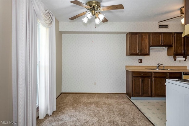 6533 Engle Rd, Brook Park, OH 44142 - kitchen with ceiling fan, a sink, white range with electric cooktop, light colored carpet, and dark brown cabinetry