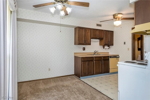 6533 Engle Rd, Brook Park, OH 44142 - kitchen with white electric stove, a ceiling fan, dishwashing machine, dark brown cabinetry, and a sink