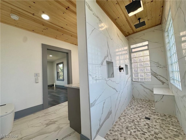 1247 11th St NW, Canton, OH 44703 - bathroom featuring wooden ceiling, toilet, a marble finish shower, and recessed lighting
