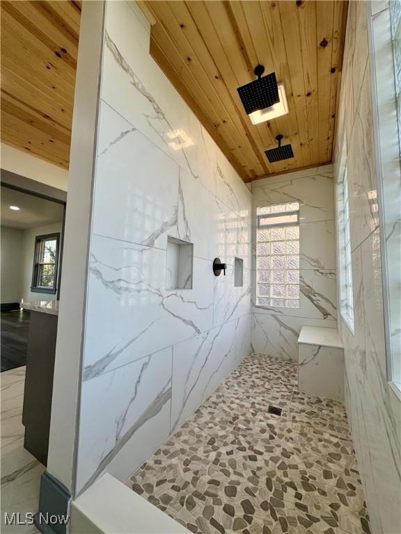 1247 11th St NW, Canton, OH 44703 - full bath featuring wood ceiling and a marble finish shower