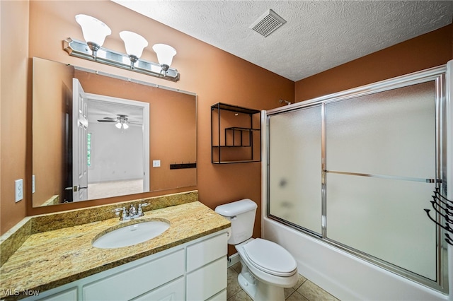 7776 Keystone Dr, Concord, OH 44077 - full bath with vanity, toilet, shower / bath combination with glass door, a textured ceiling, and a ceiling fan