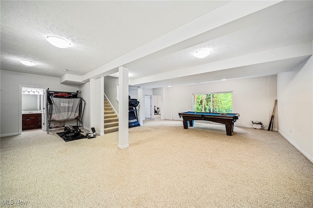 7776 Keystone Dr, Concord, OH 44077 - playroom featuring carpet, a textured ceiling, pool table, and baseboards