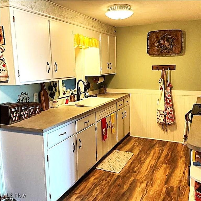 71276 Old Twenty One St, Kimbolton, OH 43725 - kitchen featuring a sink, dark wood-style floors, wainscoting, light countertops, and white cabinetry