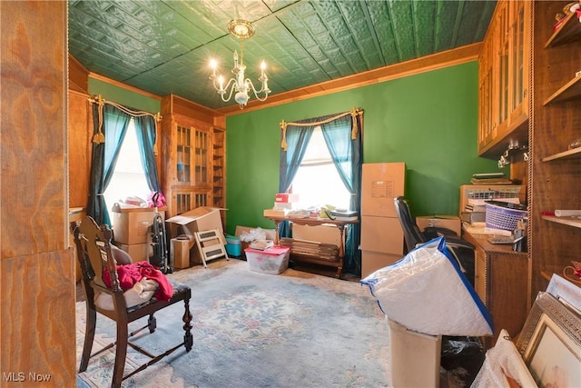28900 Euclid Ave, Wickliffe, OH 44092 - living area featuring crown molding, a chandelier, carpet flooring, and a desk