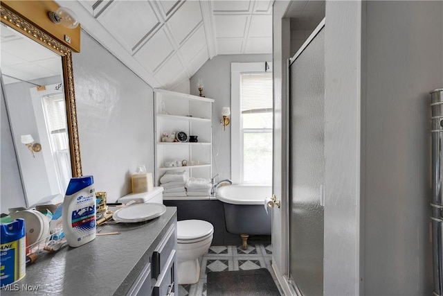 28900 Euclid Ave, Wickliffe, OH 44092 - bathroom featuring vanity, a shower stall, a freestanding bath, lofted ceiling, and toilet