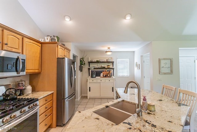 8121 Hitchcock Rd Unit 1, Youngstown, OH 44512 - kitchen featuring appliances with stainless steel finishes, a sink, light stone countertops, and light tile patterned floors