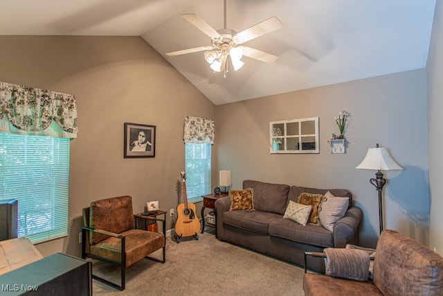 8121 Hitchcock Rd Unit 1, Youngstown, OH 44512 - living room with vaulted ceiling, carpet floors, and ceiling fan