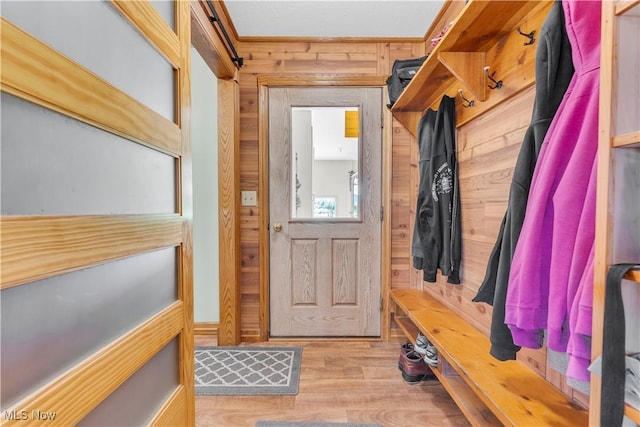 9903 Vermilion Rd, Amherst, OH 44001 - mudroom with wood walls and wood finished floors