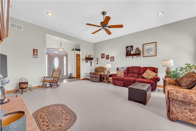 9903 Vermilion Rd, Amherst, OH 44001 - living room featuring carpet, a ceiling fan, baseboards, and recessed lighting