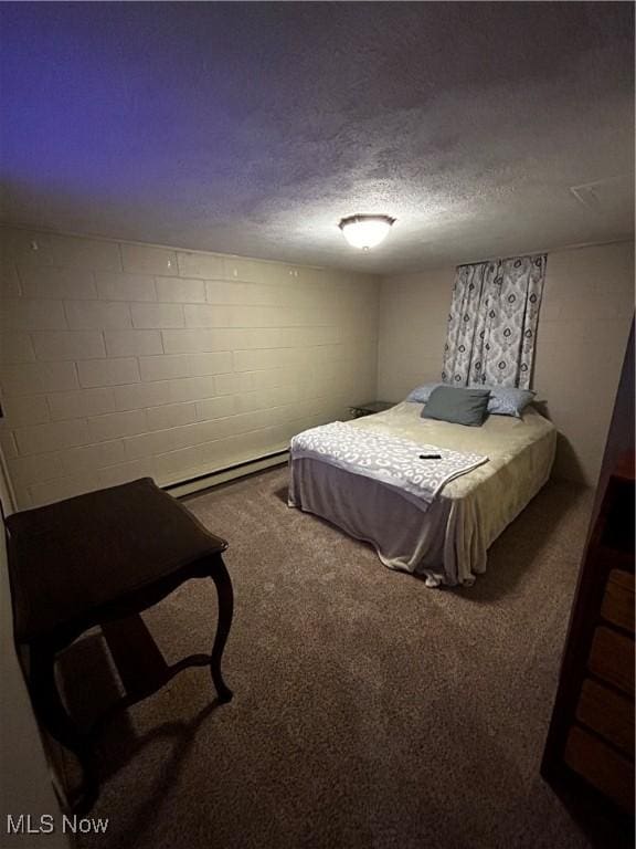 645 Arends Ridge Rd, Marietta, OH 45750 - carpeted bedroom featuring a baseboard heating unit, concrete block wall, and a textured ceiling