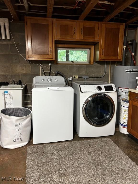 645 Arends Ridge Rd, Marietta, OH 45750 - laundry room with cabinet space, washer and clothes dryer, gas water heater, and concrete block wall