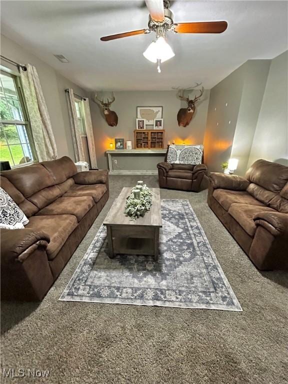 645 Arends Ridge Rd, Marietta, OH 45750 - living area featuring carpet flooring and ceiling fan