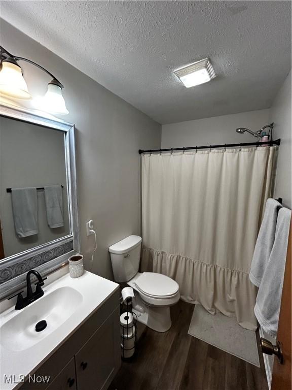 645 Arends Ridge Rd, Marietta, OH 45750 - bathroom featuring wood finished floors, toilet, vanity, a textured ceiling, and a shower with curtain